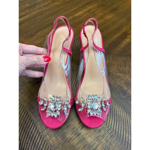 Allegra K 9 hot pink Clear slingback flower rhinestone peep toe heel sandals New - Picture 6 of 7